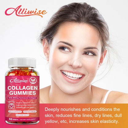 Alliwise Collagen Gummies with Biotin for Hair Growth Skin Care Brighten Skin & Skin Hydrolyzed Helps Nail Bone Joint ﻿