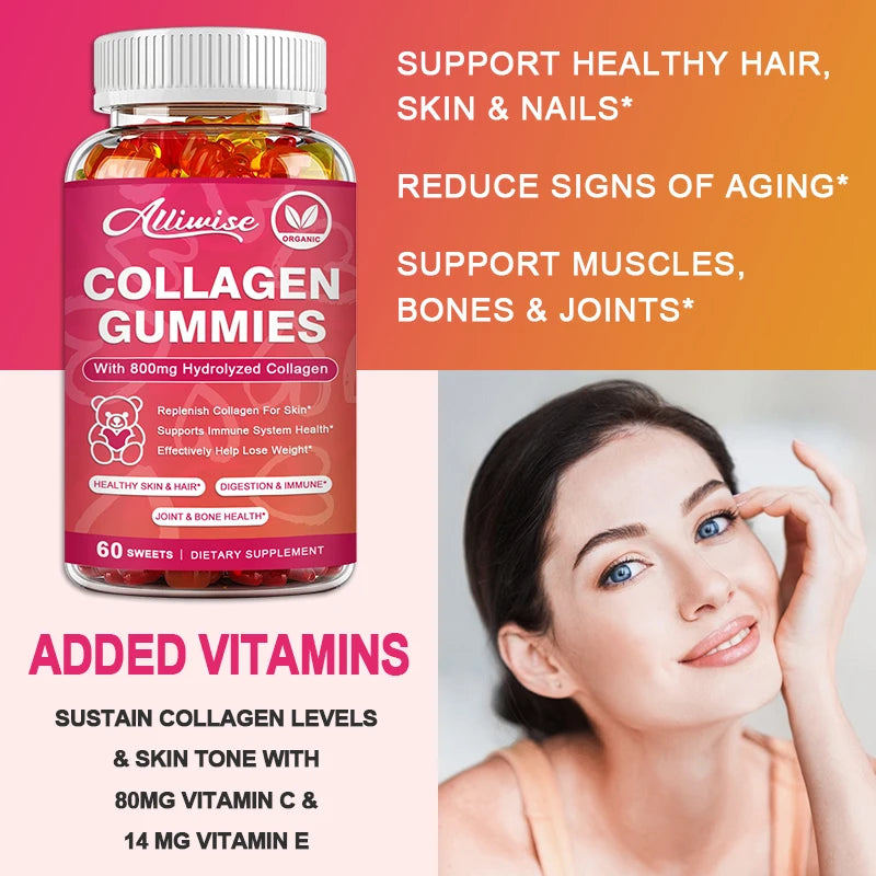 Alliwise Collagen Gummies with Biotin for Hair Growth Skin Care Brighten Skin & Skin Hydrolyzed Helps Nail Bone Joint ﻿