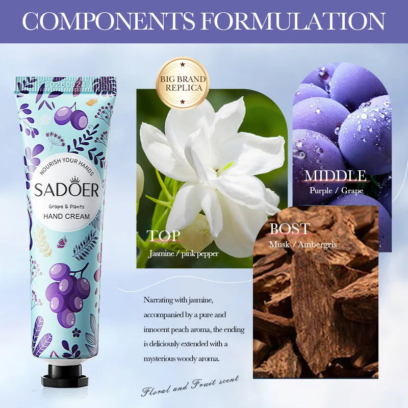 1/2pcs SADOER Grape Hand Cream Anti-Drying Crack Moisturizing Brightening Repairing Hand Creams For Hands Skin Care